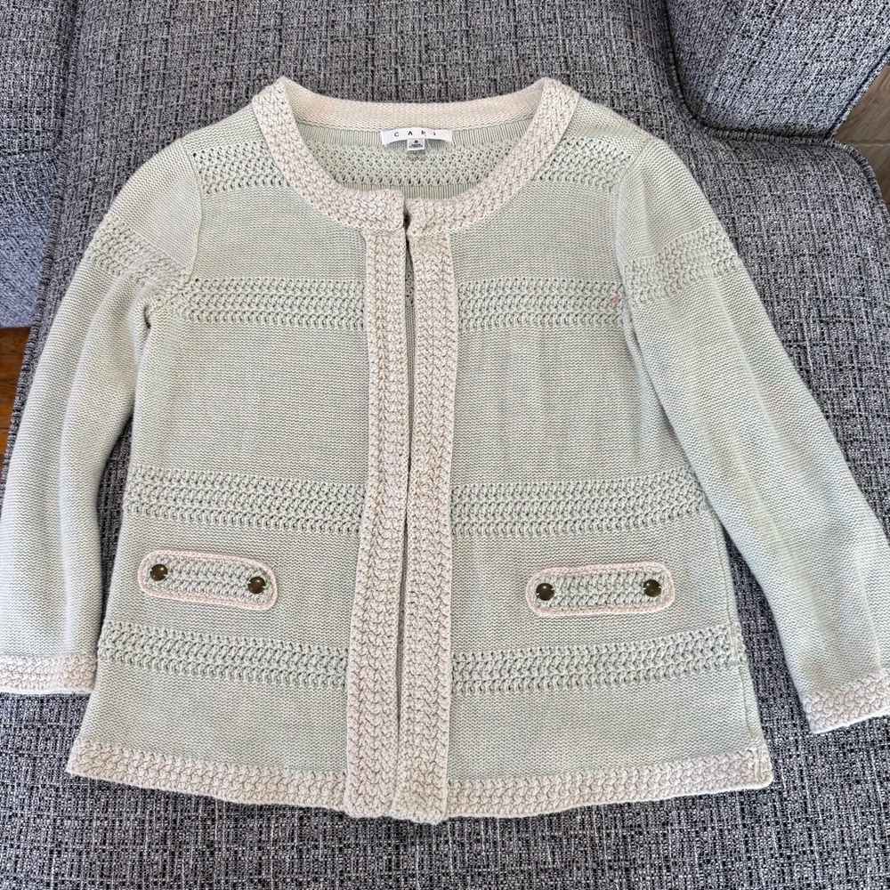 CAbi Light Green and Cream  Women's Cardigan